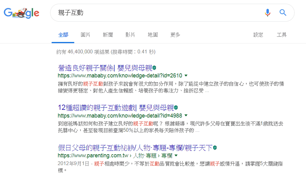 讀者 互動率 ：搜尋親子互動，前三大排名的網站使用的meta敘述 Source: Google