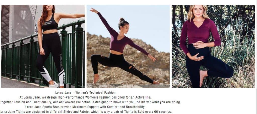 女性運動服飾品牌Lorna Jane的圖片描繪出不同生活型態，並將品牌與健康生活結合。Source:  Lorna Jane