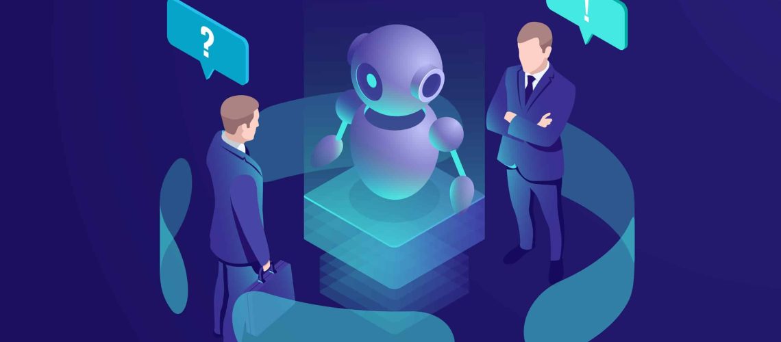 Artificial intelligence ai robot gives recommendation, human get automated response from chatbot, business consulting system, isometric vector neon dark
